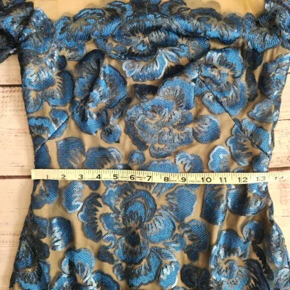 Tadashi Shoji Blue Lace Floral Mesh Sequin Cocktail Dress Womens 4 NWT - Picture 6 of 9